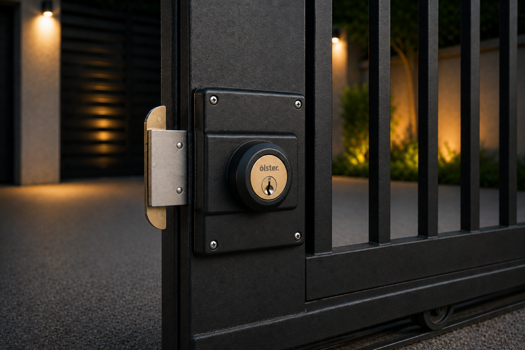 Cerradura para portón corredizo metálico instalada en acceso exterior residencial tecnoymas.cl