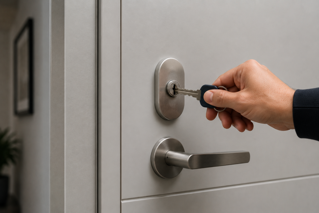 Persona ingresando llave en cerradura tradicional de puerta residencial tecnoymas.cl