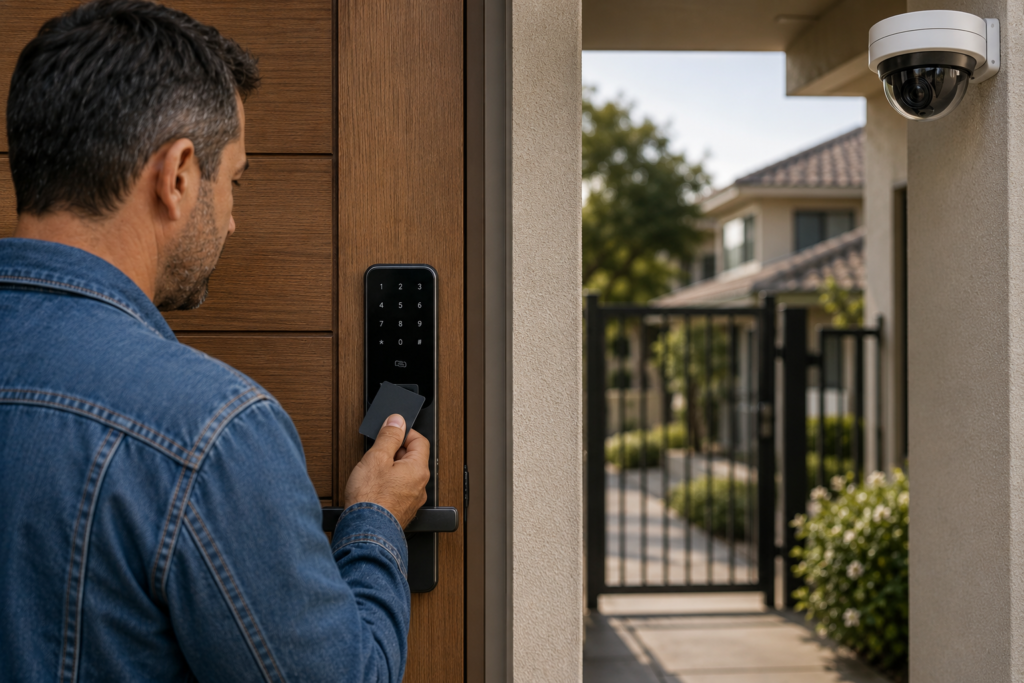 Control de acceso en puerta residencial con cerradura tradicional tecnoymas.cl