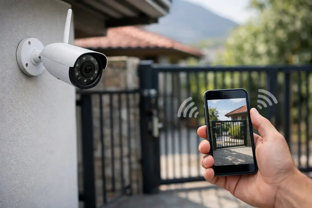 Cámara exterior wifi instalada para vigilar acceso residencial tecnoymas.cl