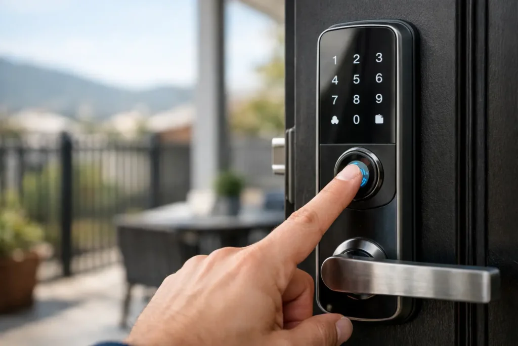 cerradura inteligente con wifi y huella en puerta principal