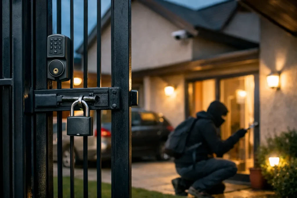 Acceso de casa protegido con cerradura y reja exterior en Chile