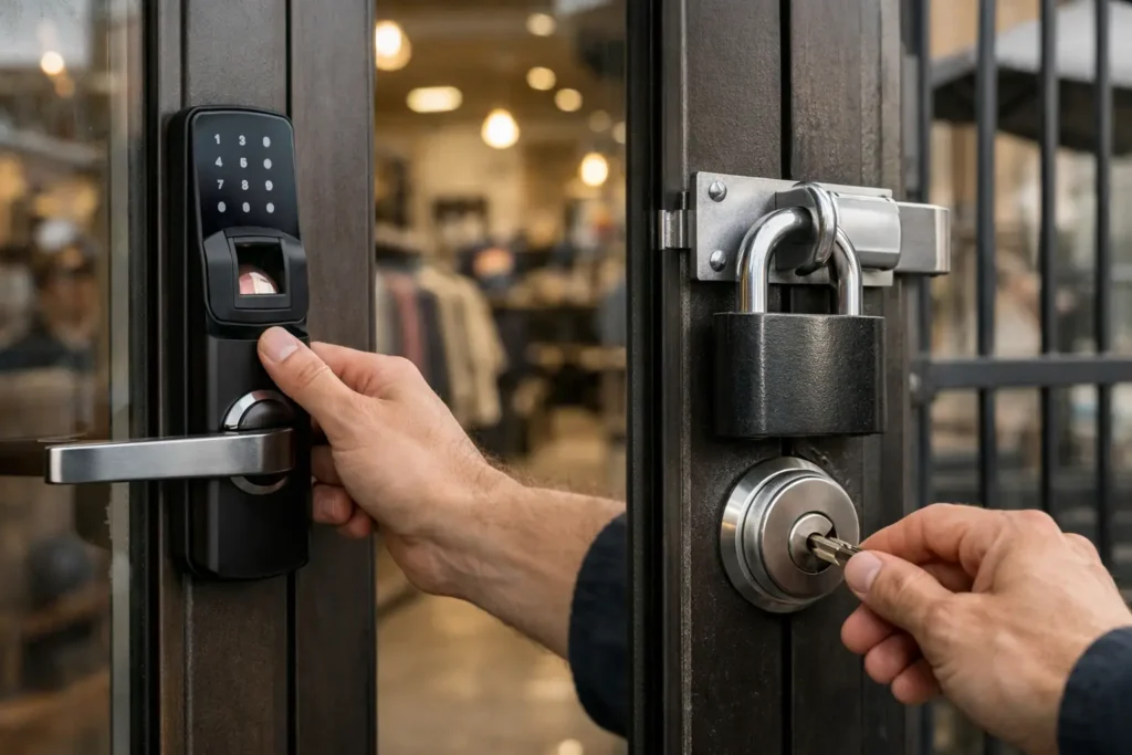 cerradura digital y candado reforzado en negocio pequeño en Chile