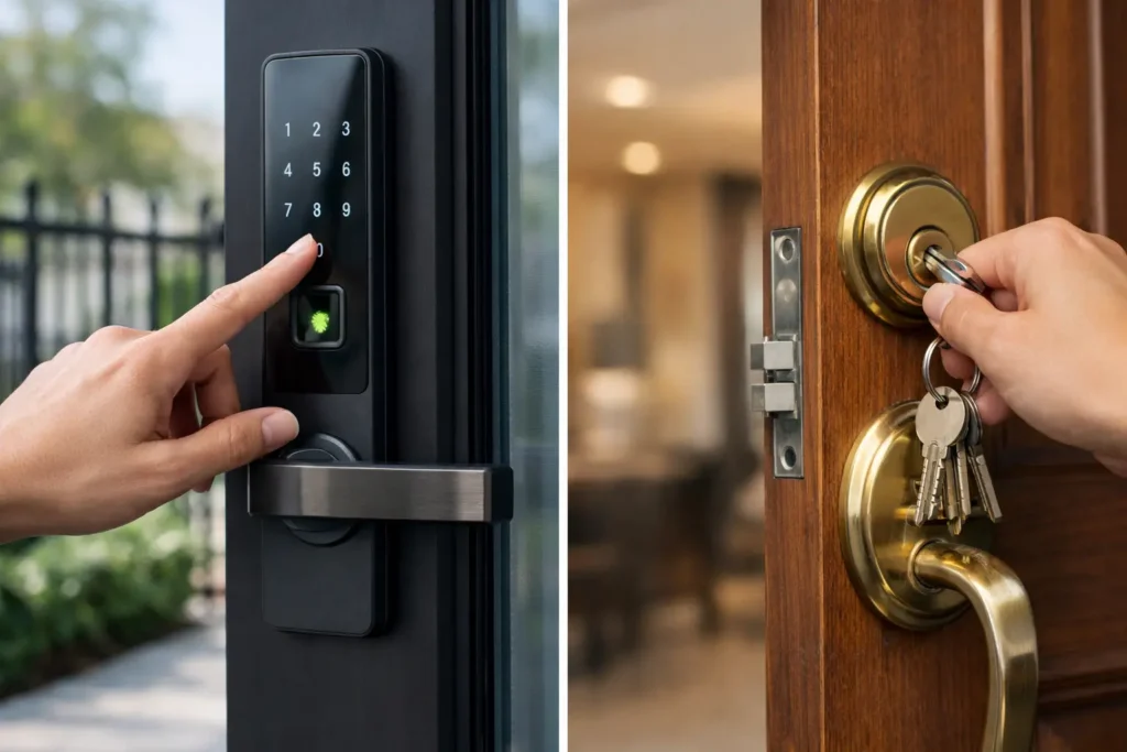 Comparación entre cerradura digital y cerradura tradicional en acceso residencial tecnoymas.cl