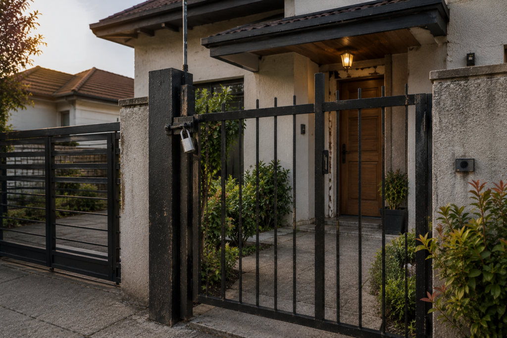 Acceso exterior con reja, portón y puerta principal para reforzar la seguridad tecnoymas.cl