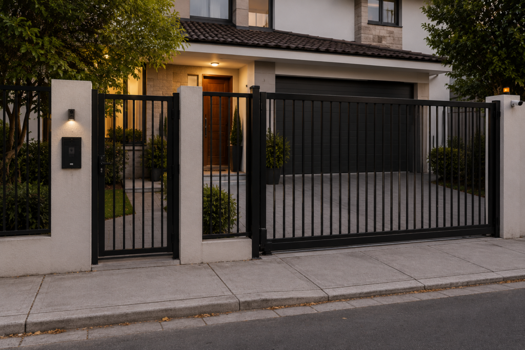 Acceso residencial con reja peatonal y portón vehicular reforzado para control de acceso y seguridad perimetral tecnoymas.cl