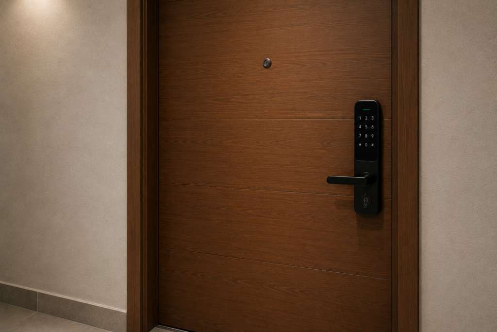 Puerta de departamento con cerradura digital tecnoymas.cl