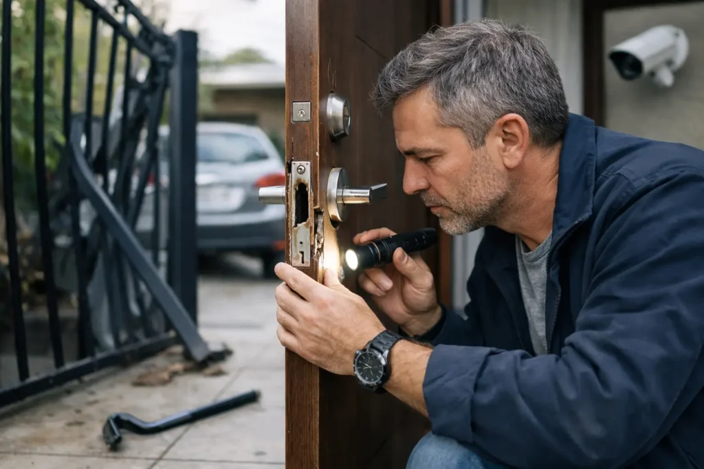 Revisión de puerta principal después de un intento de robo tecnoymas.cl